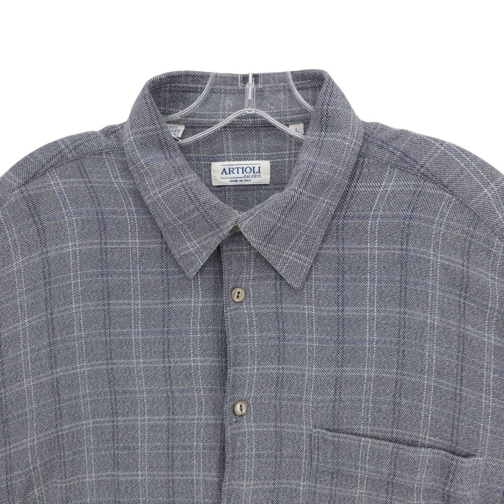 ARTIOLI Long Sleeve Button Up Shirt Gray Check Woven MADE IN ITALY Size LARGE